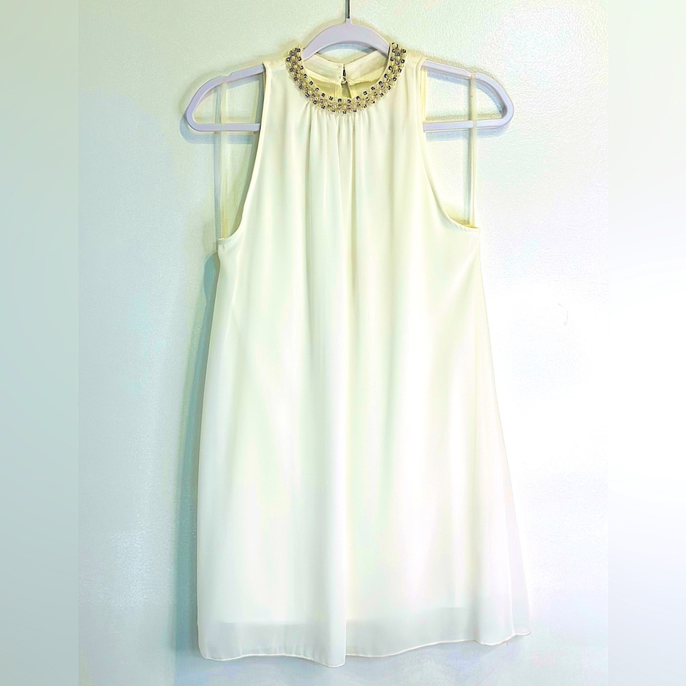 NWT Easel elegant mini dress.Special occasion,sheers with pearls on Mao collar